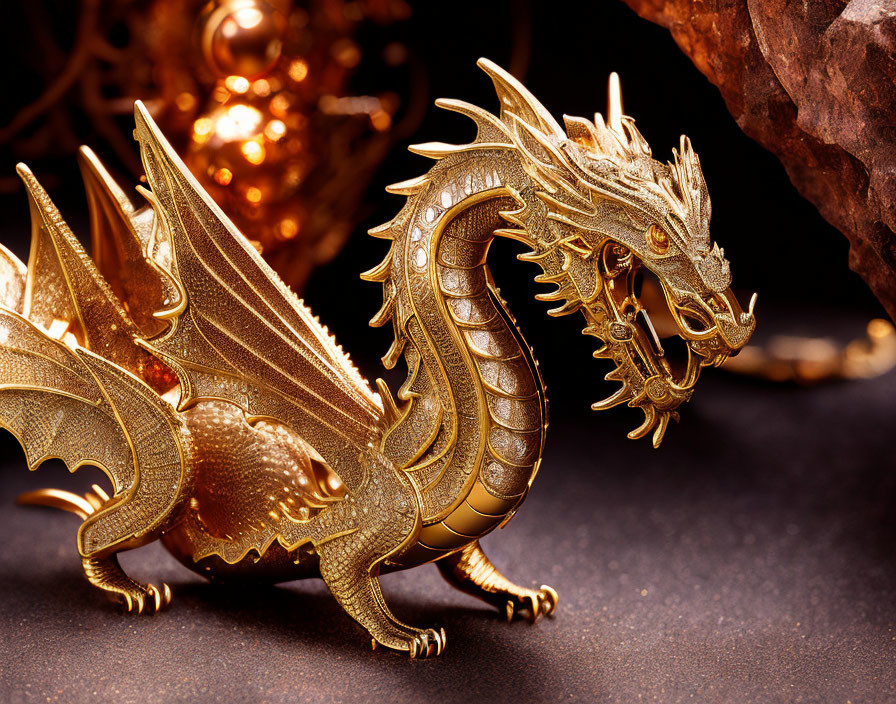 Intricately detailed golden dragon figurine on dark surface