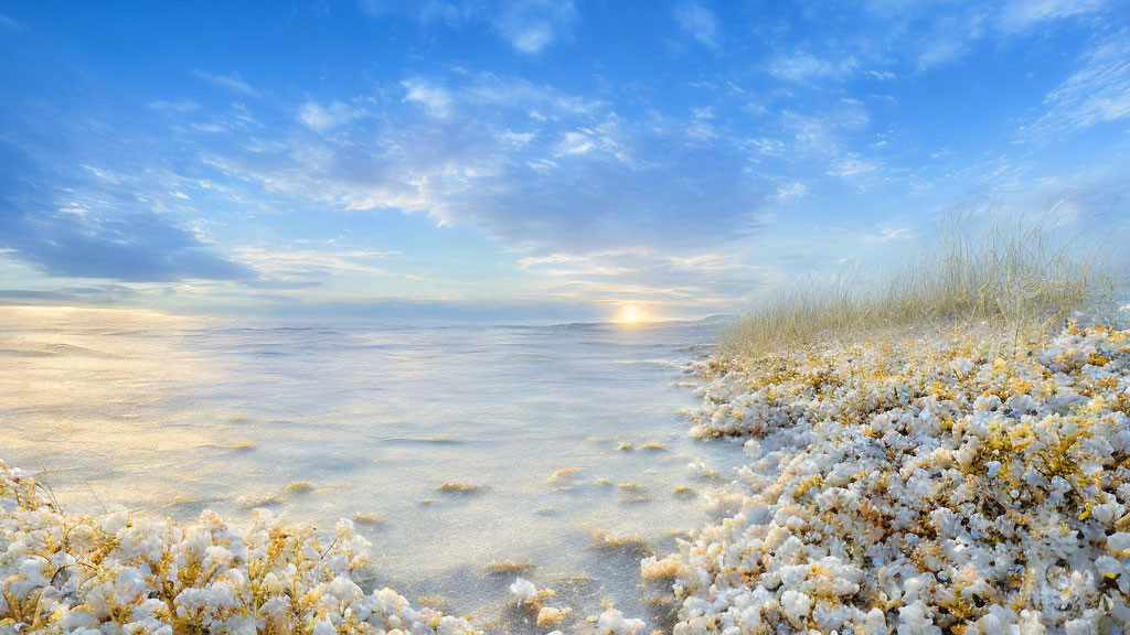 Serene landscape with snow-like ground cover, wildflowers, dunes, and blue sky