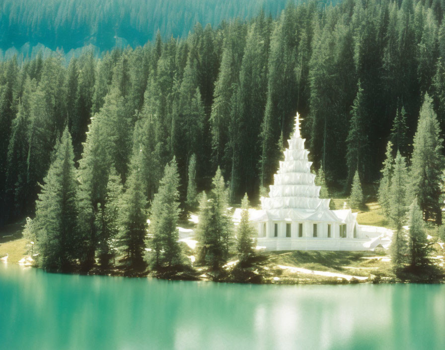 White Multi-Tiered Structure by Tranquil Lake and Pine Trees