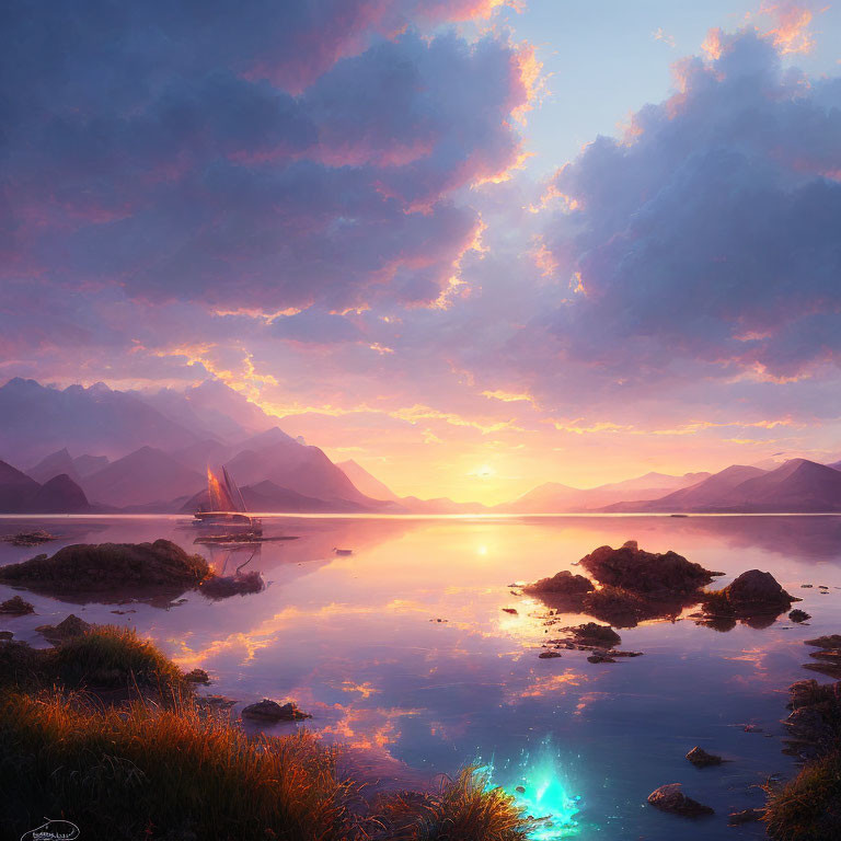 Scenic landscape with vivid sunset, calm lake, mountains, islands, lush grass, and mysterious blue