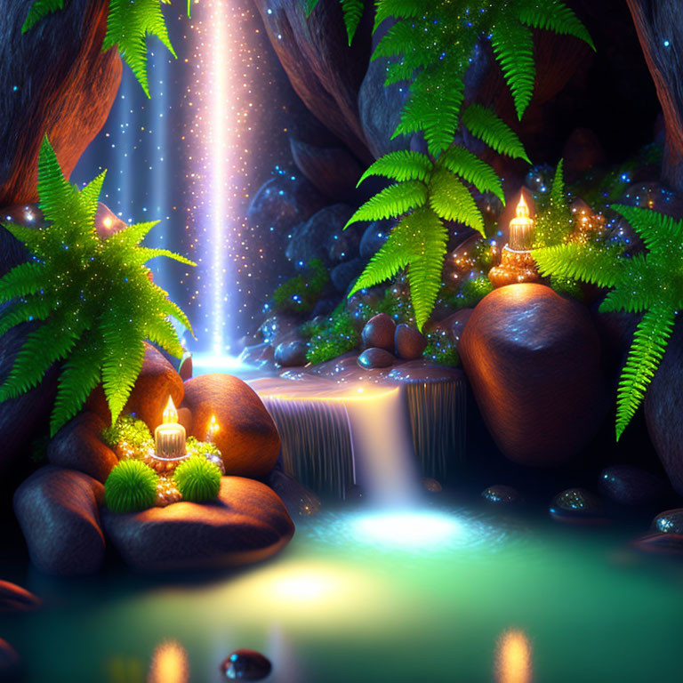 Enchanting forest with glowing waterfall, lanterns, ferns, starlit sky