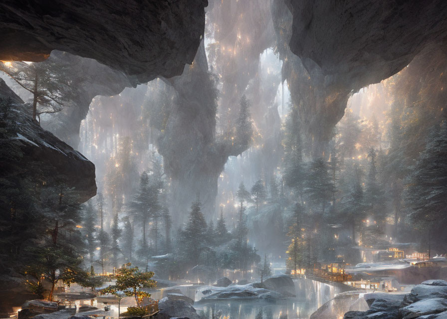 Sunlit forest scene with misty water in mystical cave opening