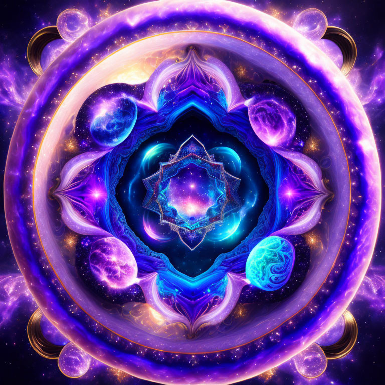 Symmetrical mandala pattern with glowing planets and stars on purple space background