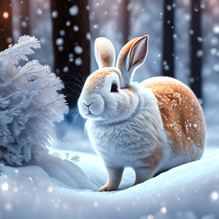 Snow-Dusted Rabbit in Wintry Landscape