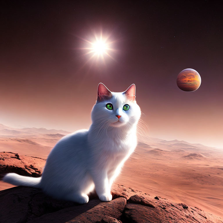 White Cat with Green Eyes on Rocky Surface Against Mars-Like Planet Background