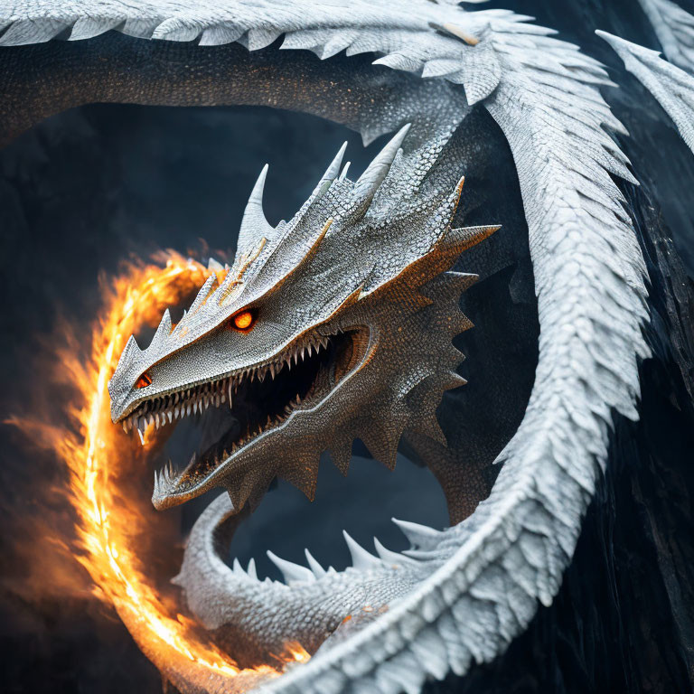 Detailed digital art: Fierce dragon with glowing red eyes and fiery breath in dark setting