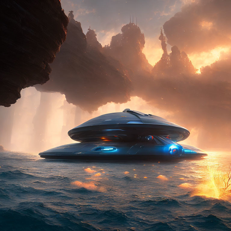 Futuristic spacecraft on water with glowing blue engines under orange sky