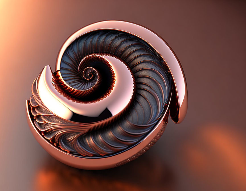 Fractal Nautilus Shell Design with Copper and Dark Metallic Textures