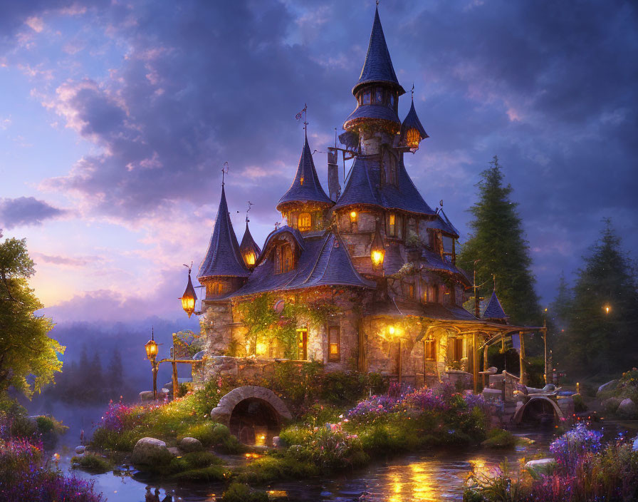 Enchanting castle with spires and turrets in mystical forest at twilight