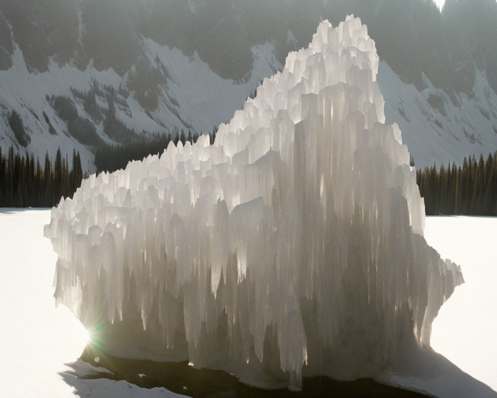 Frozen Wave Ice Formation with Sunlight, Snowy Mountains, and Trees