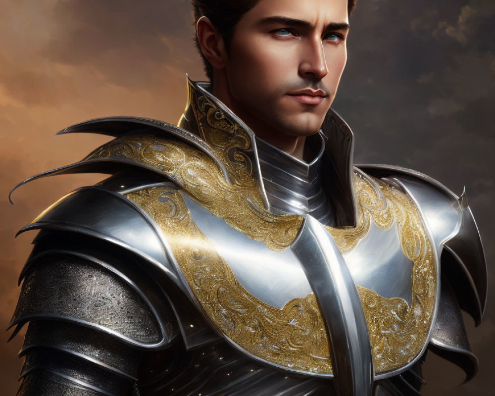 Noble warrior digital artwork with blue eyes in ornate armor against moody sky