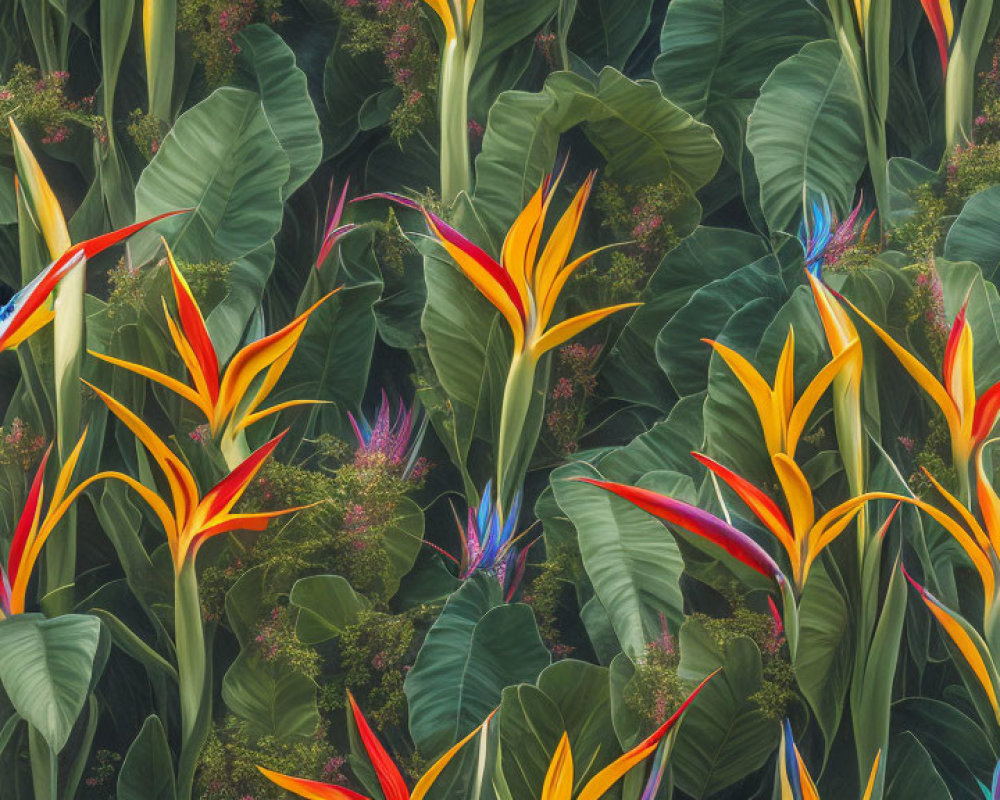 Colorful Bird of Paradise Flowers in Lush Green Foliage