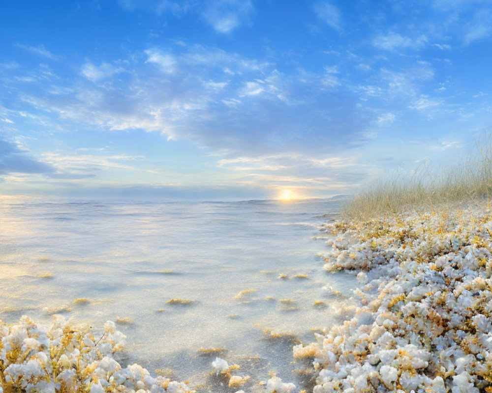 Serene landscape with snow-like ground cover, wildflowers, dunes, and blue sky