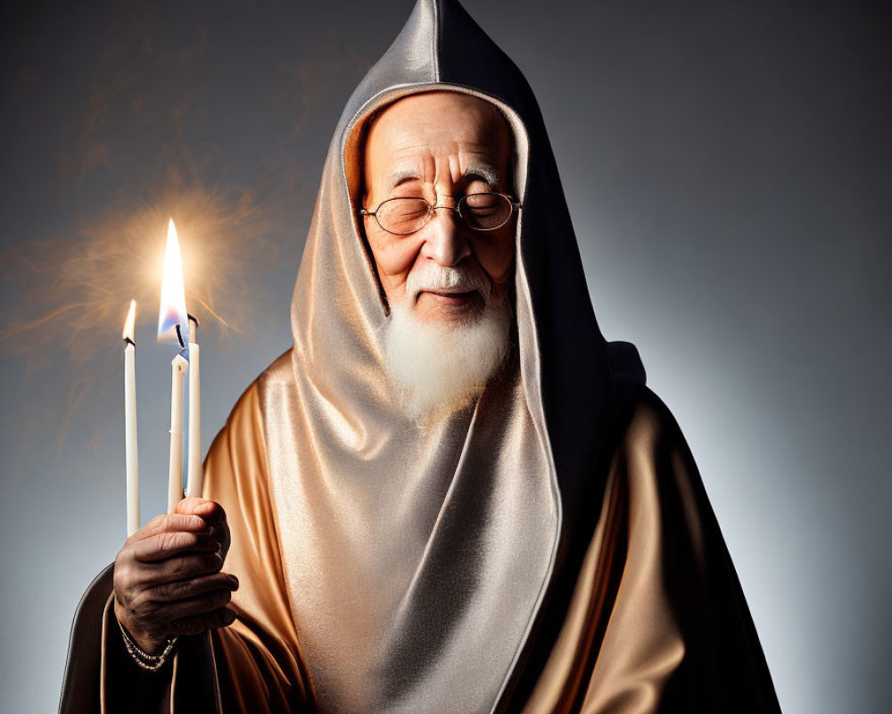 Elderly person in hooded robe holding lit candles peacefully