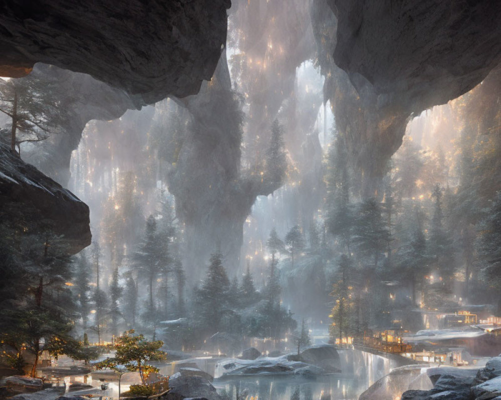 Sunlit forest scene with misty water in mystical cave opening