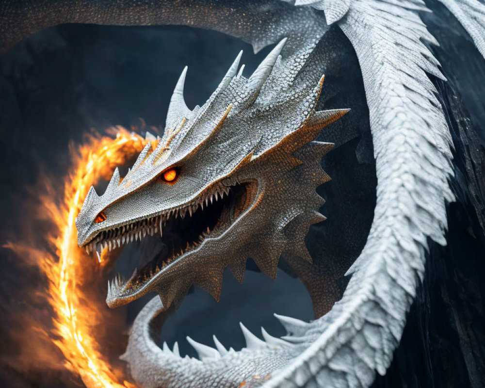 Detailed digital art: Fierce dragon with glowing red eyes and fiery breath in dark setting