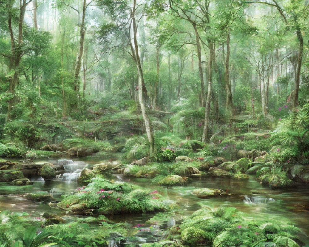 Tranquil forest landscape with babbling brook and lush greenery