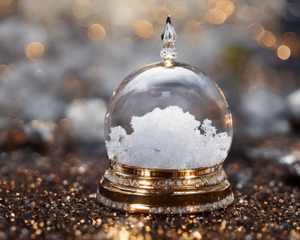 Glass snow globe with gold base and faux snow on glittery surface - festive winter theme