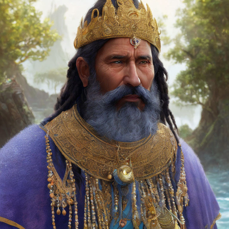 Elderly bearded man in golden crown and royal attire in mystical forest