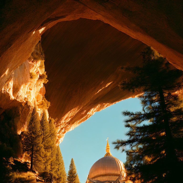 Dome structure framed by natural archway and trees in warm sunlight