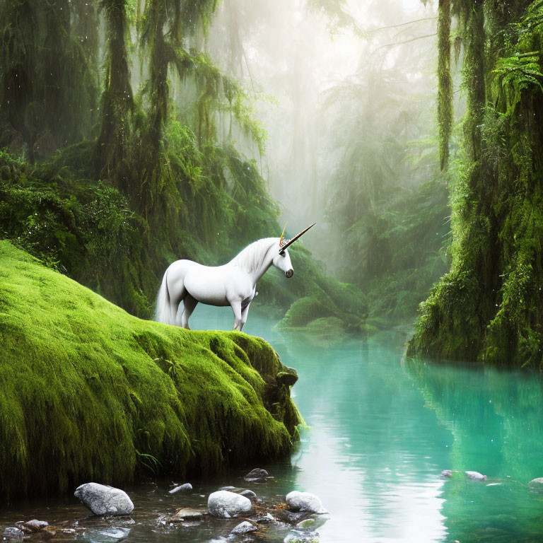 White unicorn by tranquil river in lush forest with mist