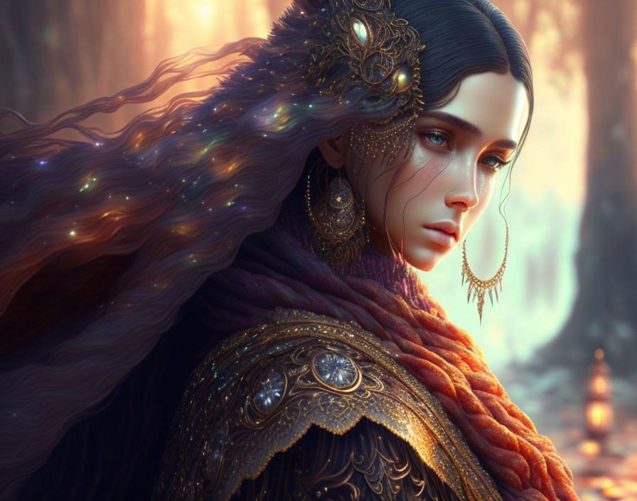 Fantasy female character with golden headdress and ornate armor in enchanted forest