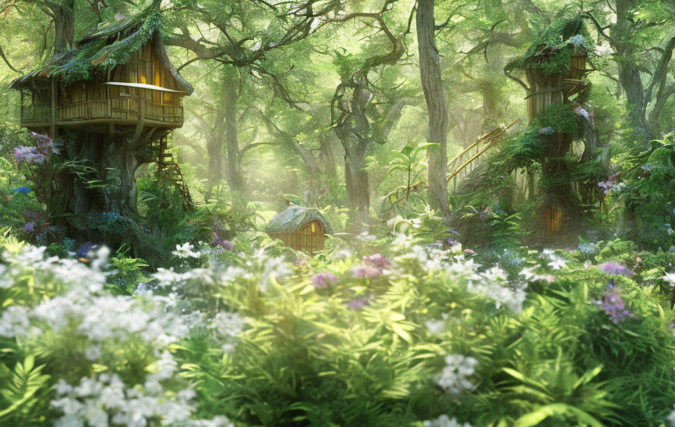 Lush Green Forest with Whimsical Treehouses and Blooming Flowers