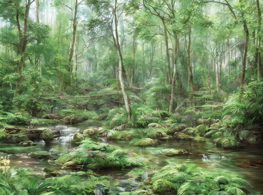 Tranquil forest landscape with babbling brook and lush greenery