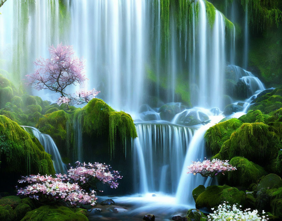 Tranquil scene: Waterfall, moss-covered rocks, cherry blossoms