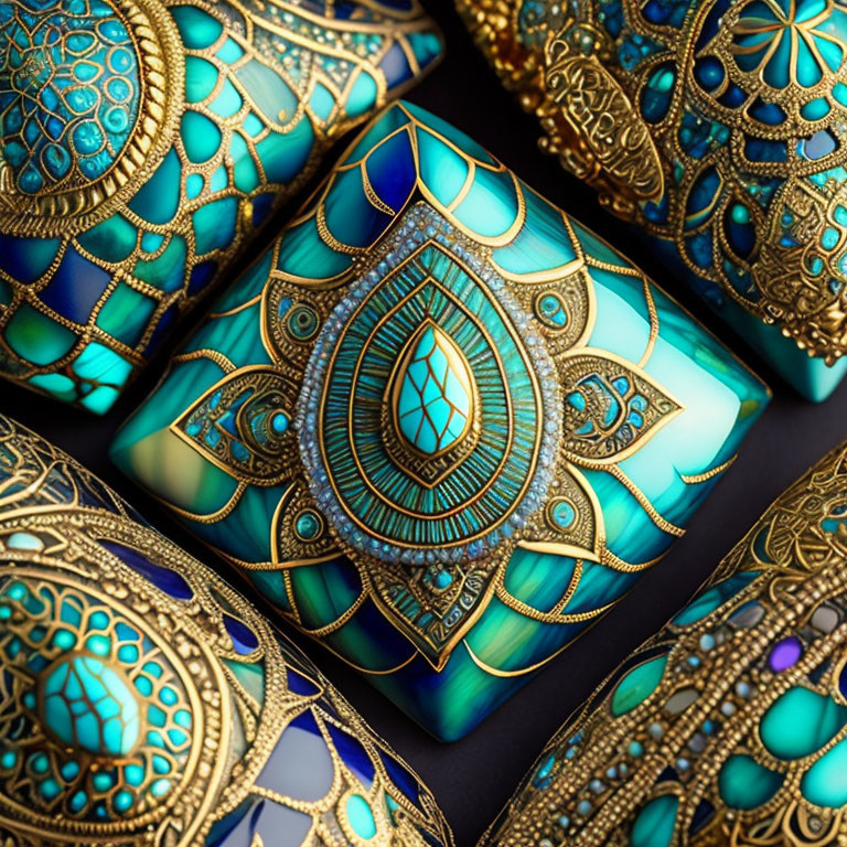 Turquoise and Gold Patterned Easter Eggs with Traditional Motifs