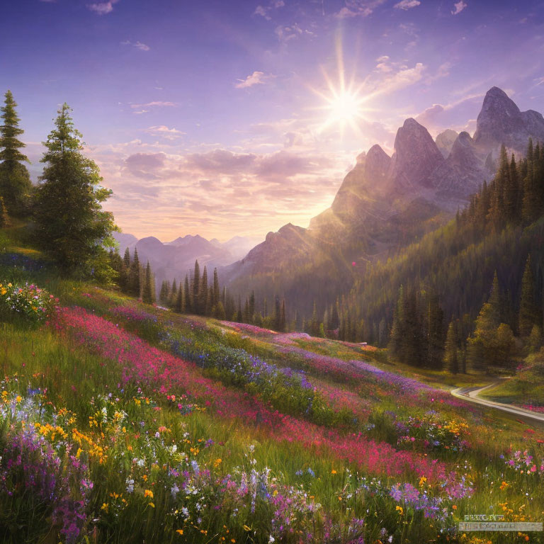 Colorful Sunset Over Mountain Range and Wildflower Meadow