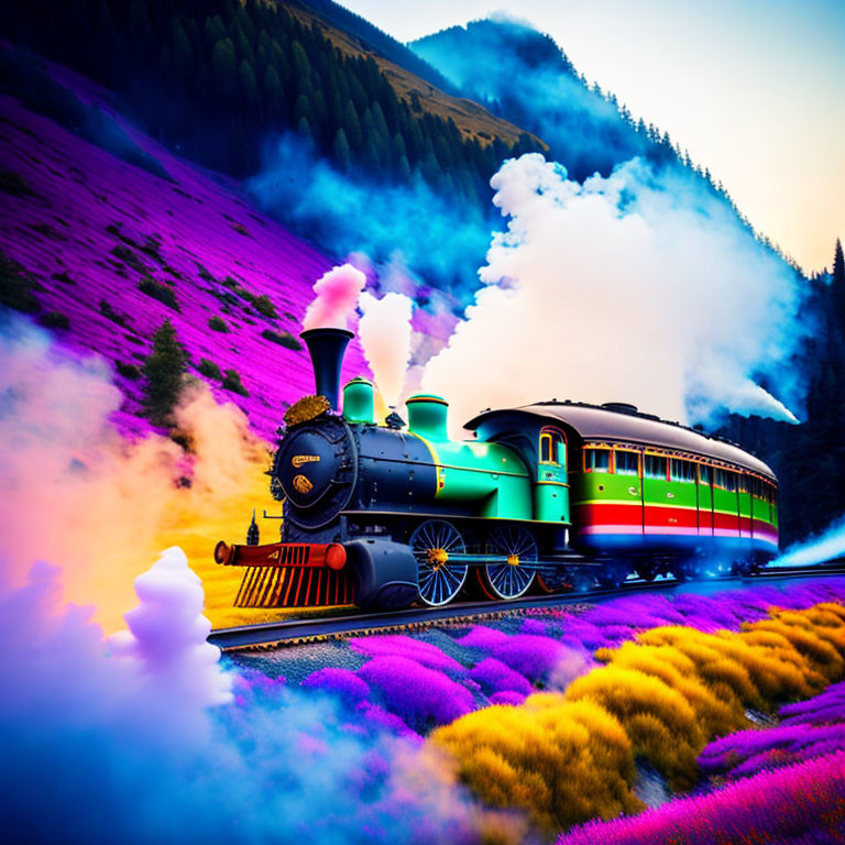 Vintage steam train in colorful landscape with purple and pink hues and mountain backdrop