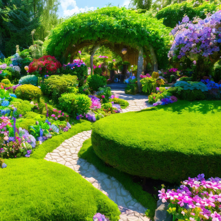 Colorful Flower Garden Pathway Leading to Arched Plant-Covered Pergola