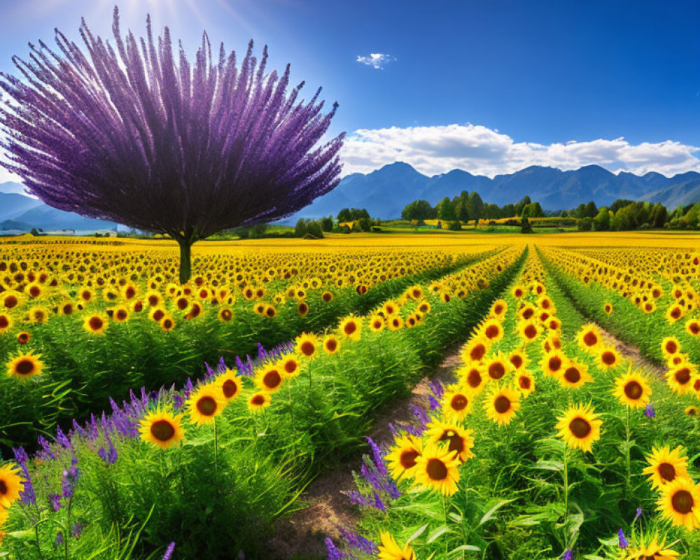 Sunflower Field with Purple Tree and Mountains in Clear Blue Sky