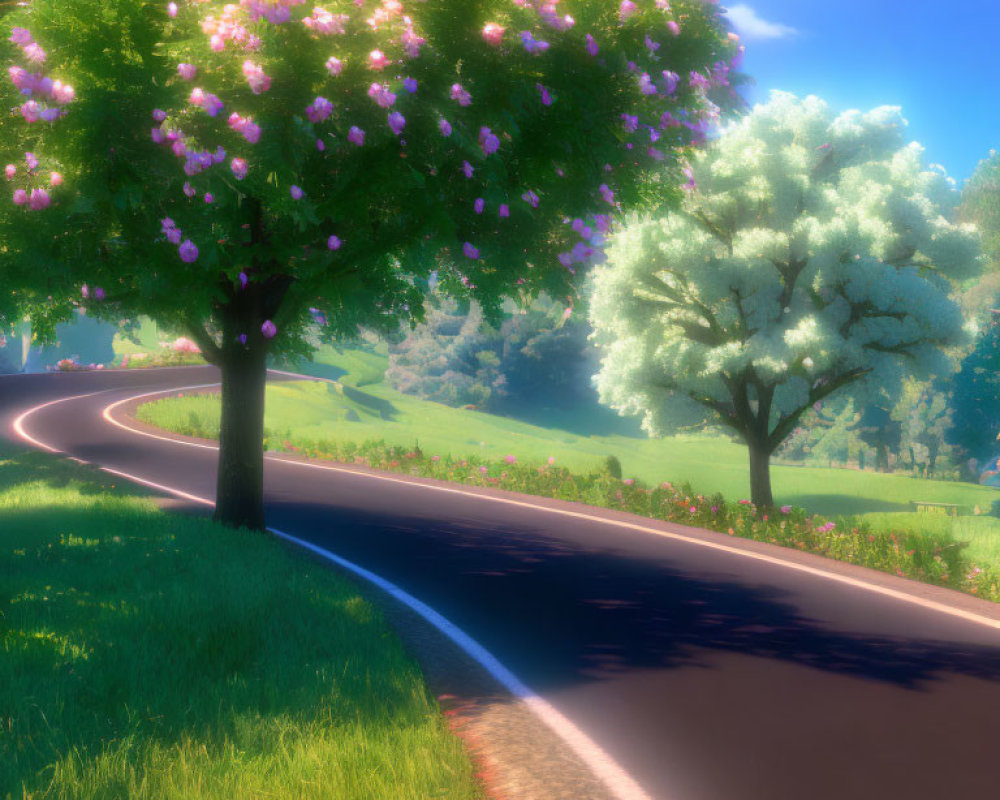 Curving road with blooming trees under sunny sky