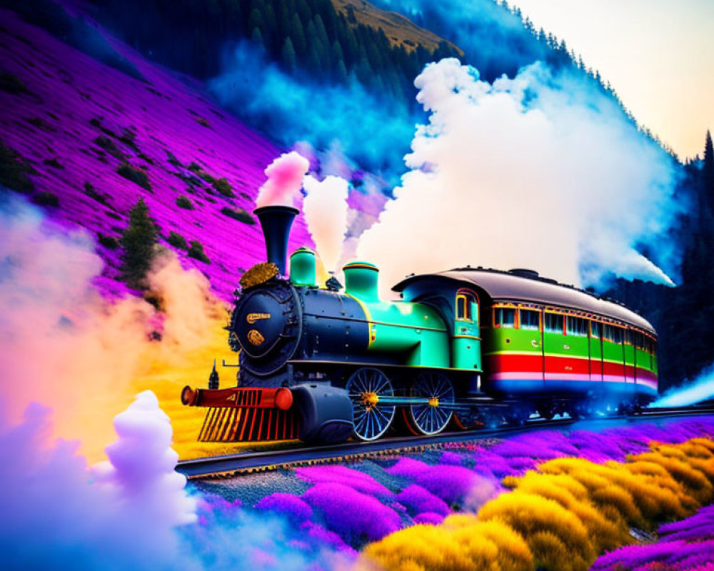 Vintage steam train in colorful landscape with purple and pink hues and mountain backdrop