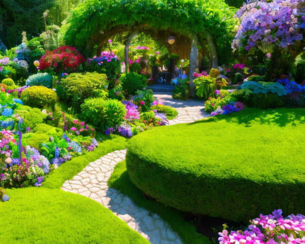 Colorful Flower Garden Pathway Leading to Arched Plant-Covered Pergola