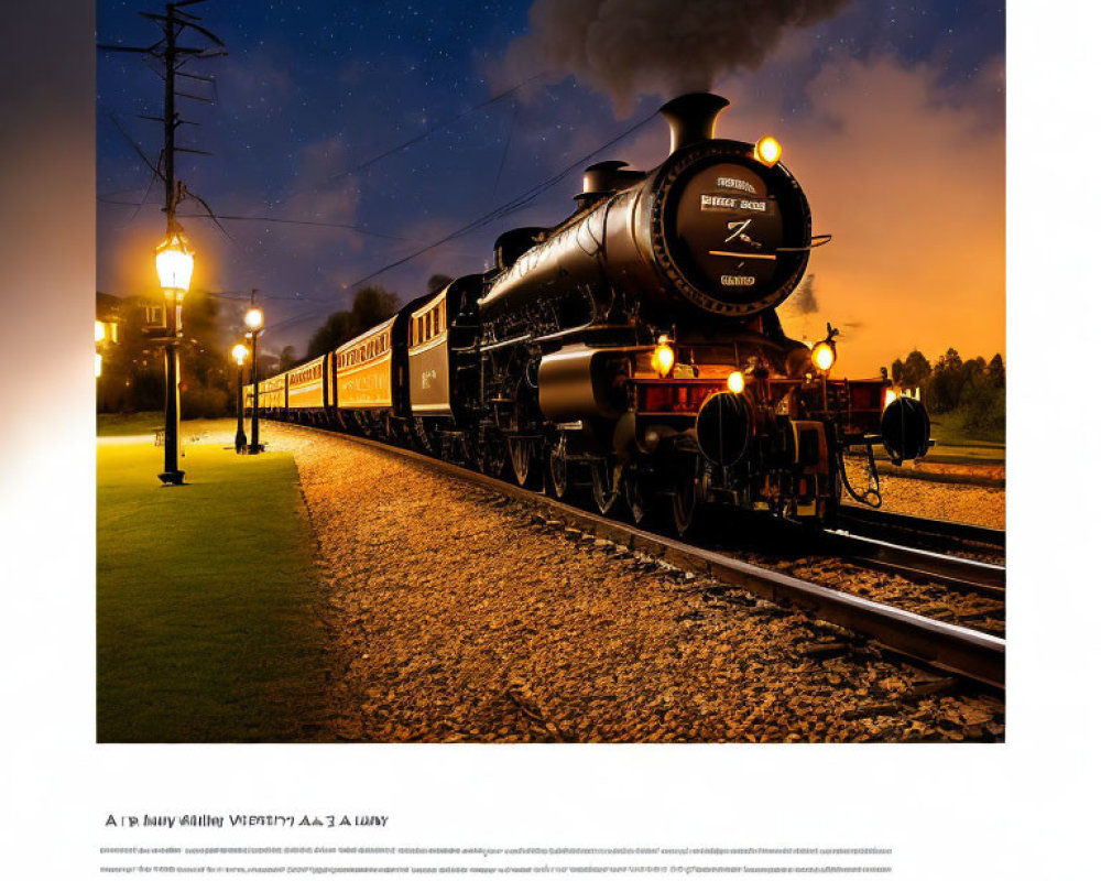 Vintage steam locomotive with powerful headlights travels at night