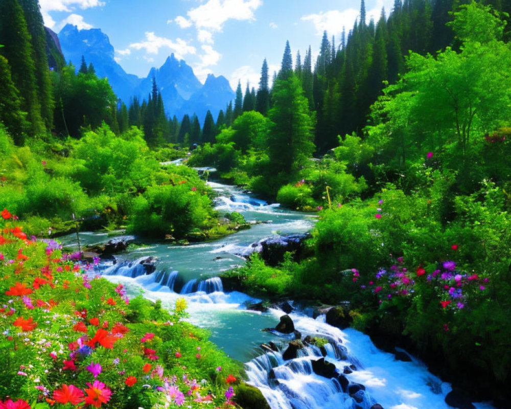 Scenic landscape with waterfall, flowers, and mountains