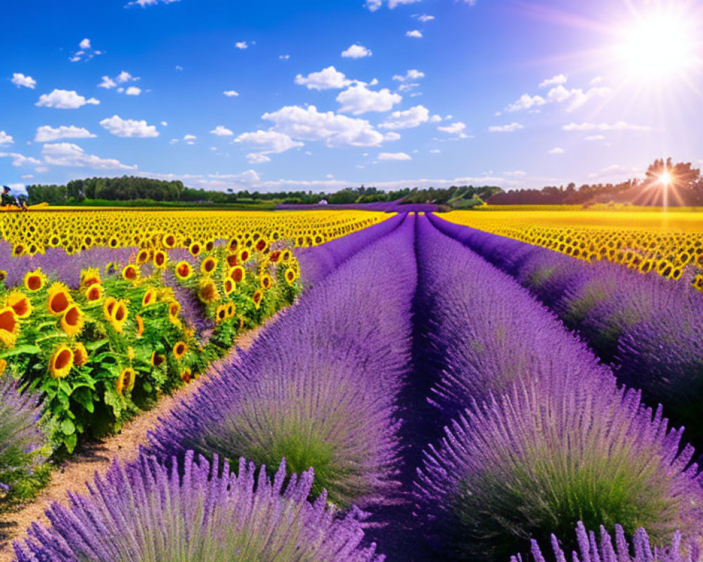 Colorful Sunflower and Lavender Field Landscape Under Blue Sky