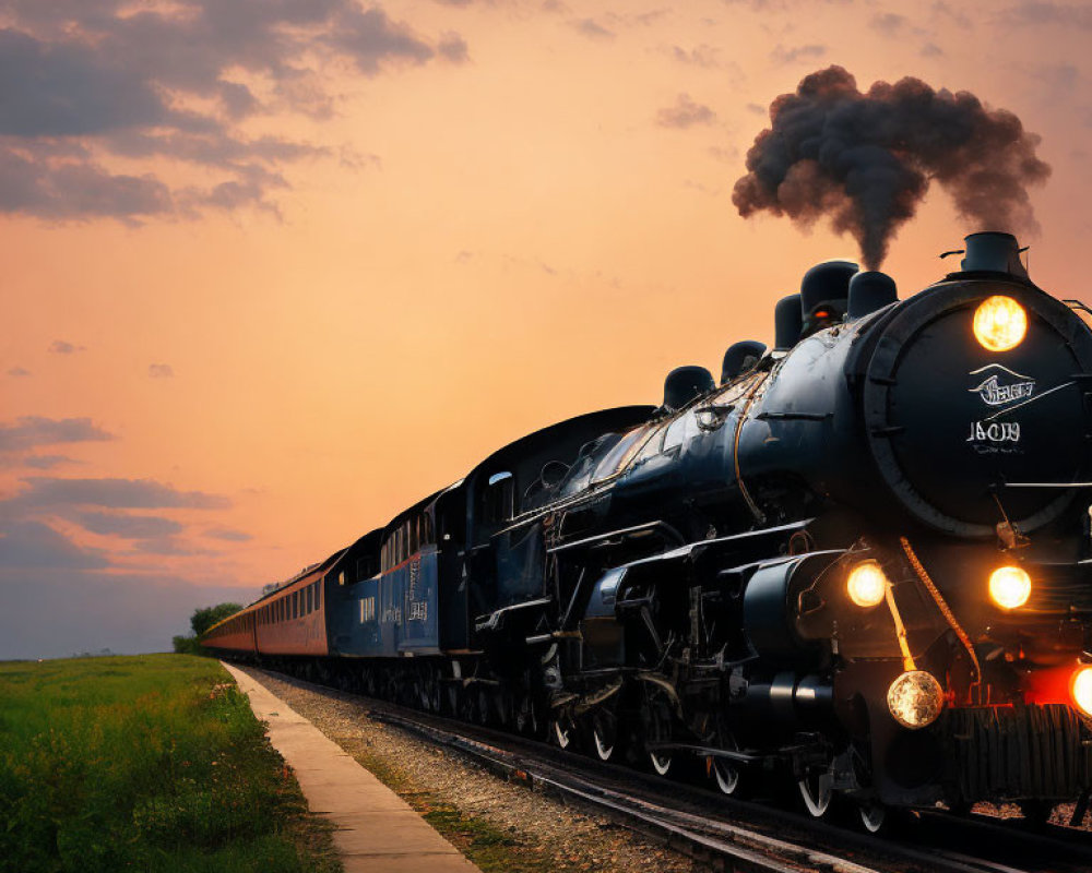 Classic steam locomotive pulling passenger cars under dramatic sunset sky.