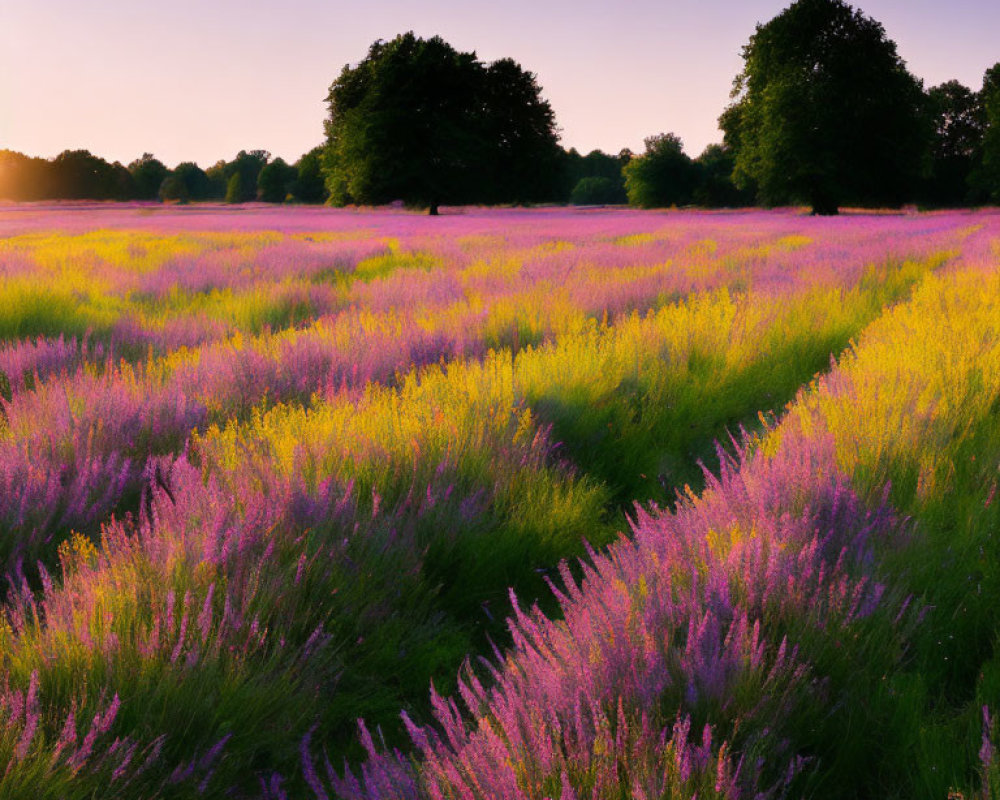 Scenic purple flower field at golden hour with trees and clear sky