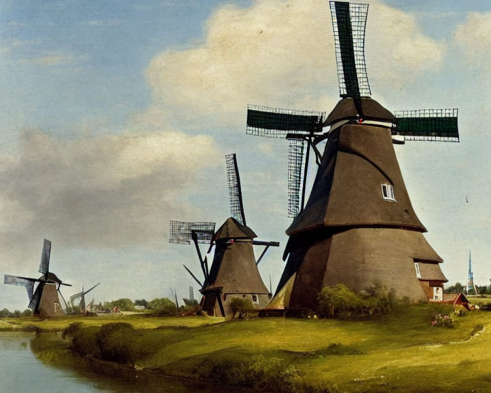 Scenic pastoral landscape with three windmills by a river