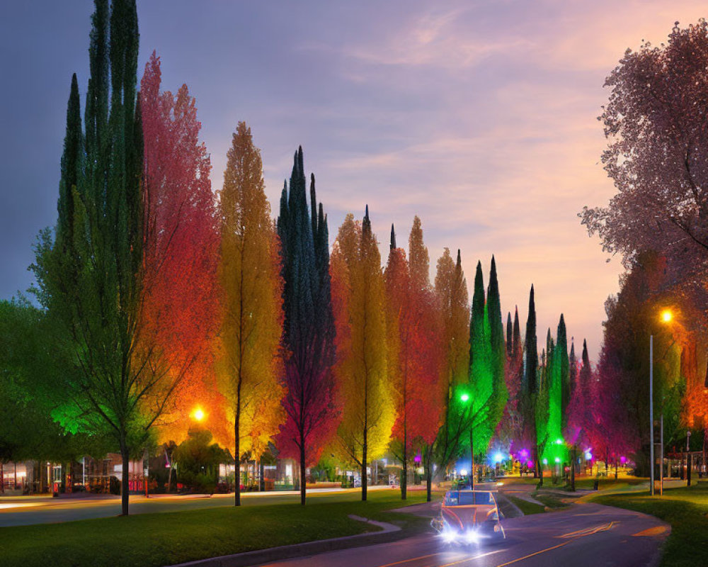 Autumn street scene at dusk with colorful trees and street lamps