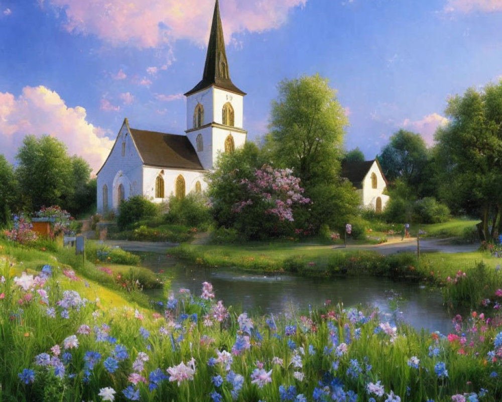 Tranquil landscape with church by river and colorful flowers