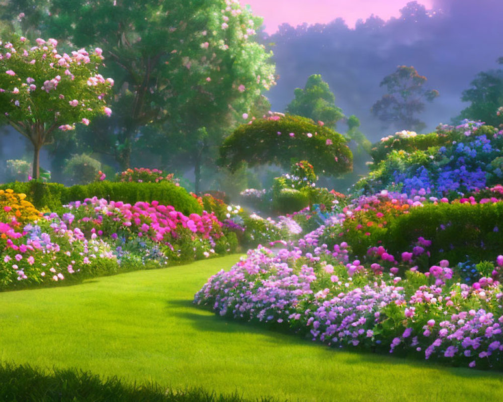 Lush Greenery and Colorful Flowers in Mystical Garden