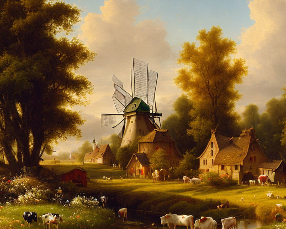 Traditional landscape painting with windmill, cottages, people, cows, and stream under soft sky