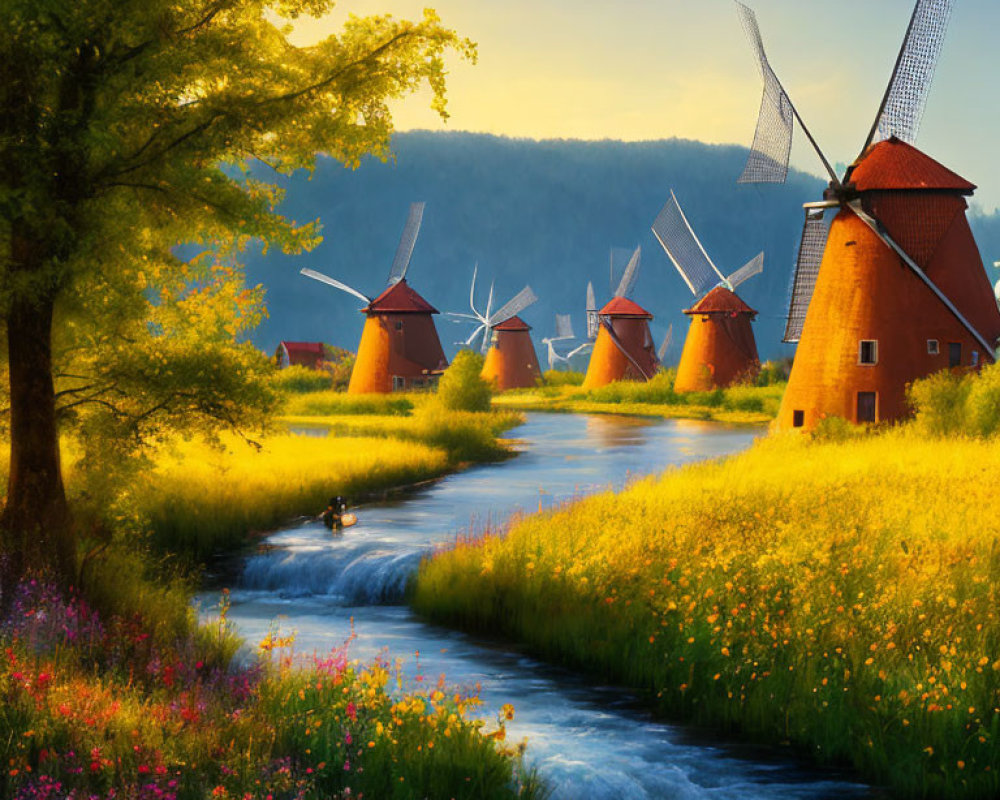 Rustic windmills by stream with lush greenery and wildflowers at sunset