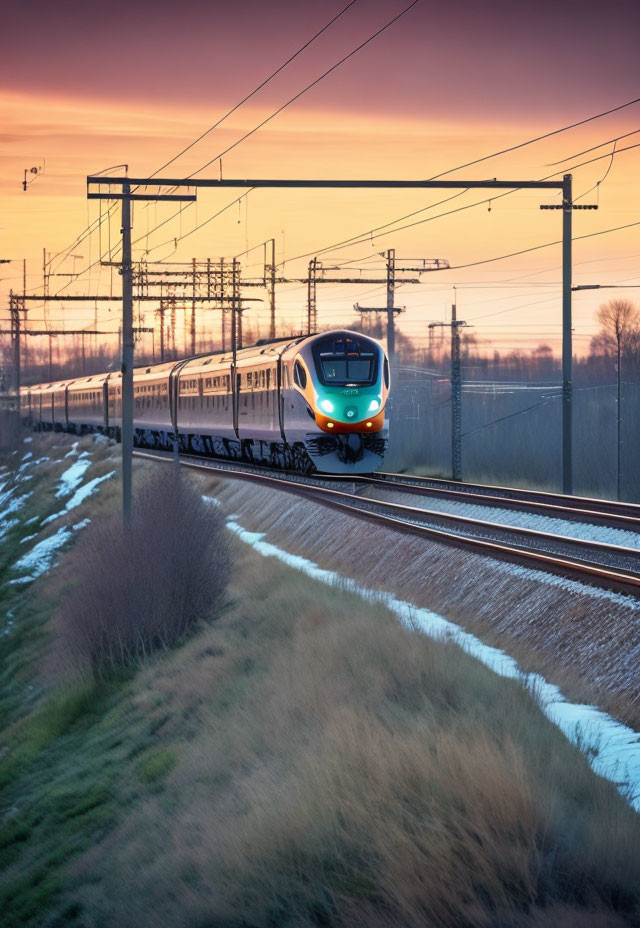 Modern Passenger Train on Tracks at Twilight with Colorful Sky and Snow Patches