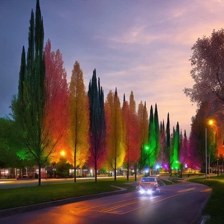 Autumn street scene at dusk with colorful trees and street lamps